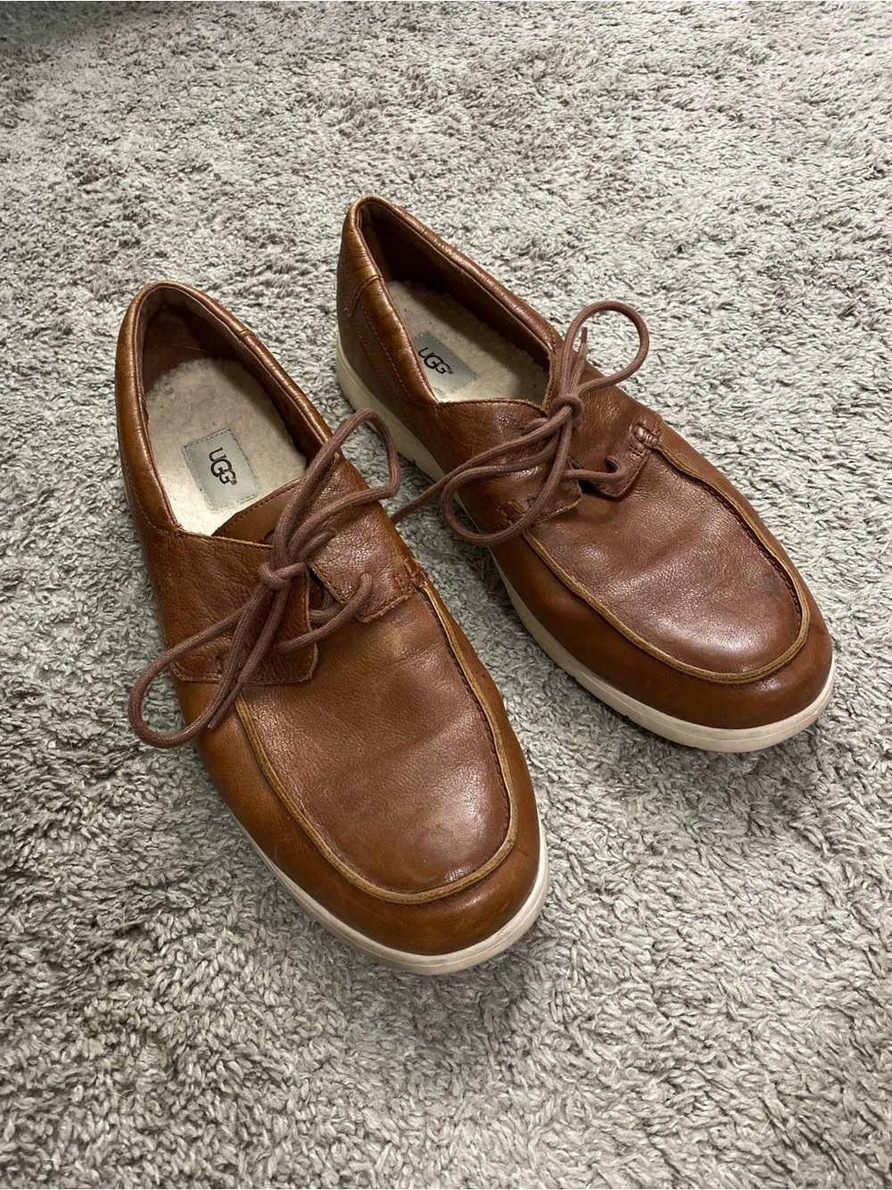 UGG Men's Tan Leather Boat Shoes with White Sole